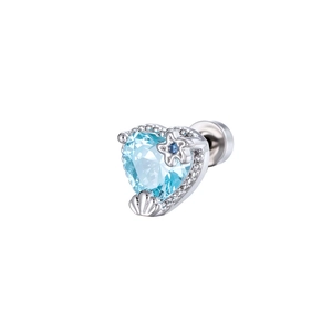 Blue heart zircon stud earring with starfish and shell accents in silver finish