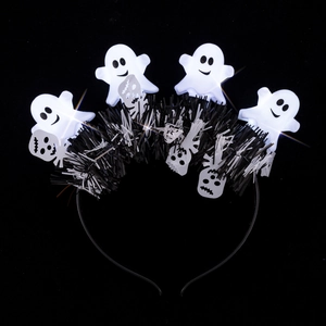 Halloween headband with four glowing white ghost figures and skull silhouettes on black base