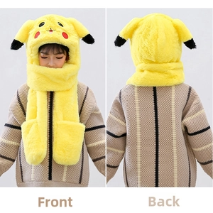 Front and back views of a 3-in-1 plush Pikachu hat with scarf and pocket gloves