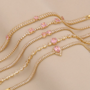 Pink Zircon Gold Plated Copper Bracelet Geometric Water Drop Heart Shape Tennis Jewelry Gift For Women Fashionable