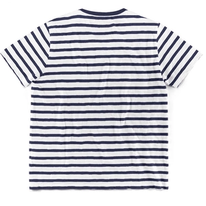 Detailed flat lay of a blue and white striped short sleeve T-shirt with a classic crew neck