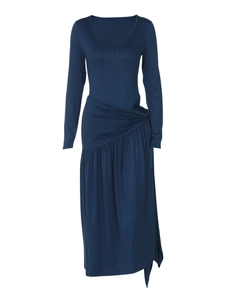 Robe midi bleu marine à col en V, manches longues et élégants détails froncés à la taille