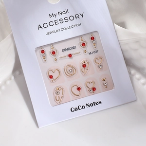 K9 glass diamond hollow heart nail stickers with gold metal frames and red rhinestones
