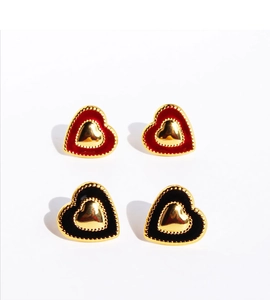 Detail of red and black enamel heart earrings with gold beaded edges in a 2x2 grid view