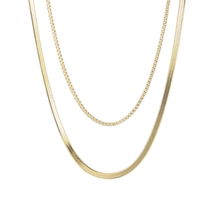 Double-layered gold snake and box chain necklace for a minimalist layered jewelry look