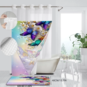 Detail view of the floral butterfly shower curtain and matching non-slip bath mat set