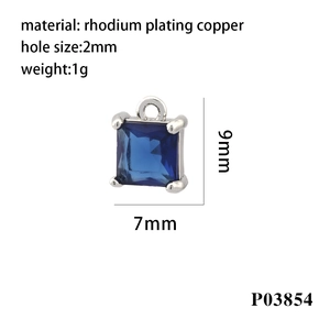 Detail of a 7x9mm square blue zircon pendant in silver-tone rhodium plated copper
