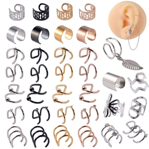 Stainless Steel Ear Cuffs Non Pierced Clip On Earrings Cross Layered Hollow Leaf Pendant Minimalist Geometric Jewelry