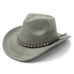 Deep grey-green wide brim faux suede cowboy hat with braided leather band and tassels