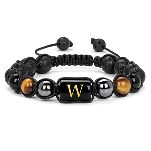 Close-up of handmade 10mm lava rock and tiger eye bead bracelet with golden letter W
