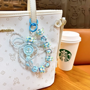 Porte-clés créatif et mignon avec miroir perlé bleu pour sacs à main et smartphones