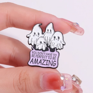 Cartoon ghost enamel pin with purple banner saying You Don't Have To Be Perfect To Be Amazing