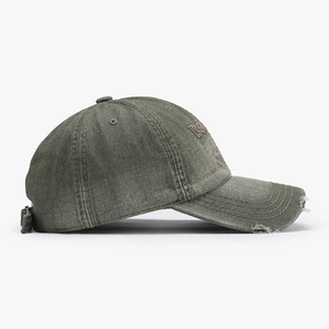 Vintage washed army green baseball cap with distressed brim and 3D embroidery detail