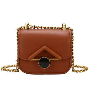 Brown vintage mini chain crossbody bag with gold strap for girls on white background