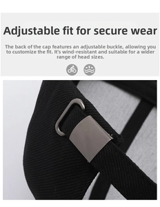 Close-up of the adjustable metal buckle on this classic black baseball cap for men