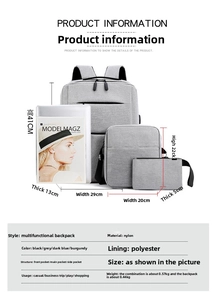 Detailed size comparison and specifications for the three-piece nylon backpack set in grey