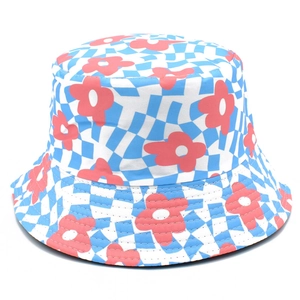 Blue and white checkered bucket hat with red floral print on a clean white background