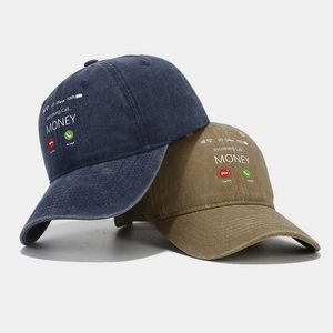 Navy and khaki baseball caps featuring creative money call graphic print in retro style