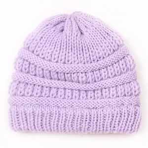 Detail of lavender knit beanie showing vertical rib texture and thick yarn structure