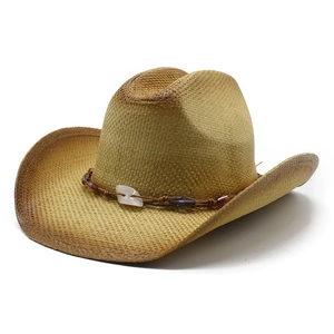 Western Cowboy Straw Hat For Women Ombre Paper Braided Sun Protection Beach Cap With Beaded Shell Band Retro Style
