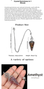 Macro view of Tree of Life crystal hexagonal pendulum with silver chain and dimension specs