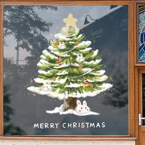 Christmas tree static window sticker with bunny and candy canes on wood frame