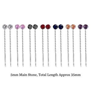 S925 sterling silver long tassel earrings with 5mm colorful cubic zirconia stones