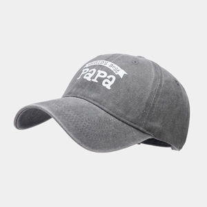 Detail of dark gray washed cotton baseball cap with white WORLD'S Best Papa embroidery