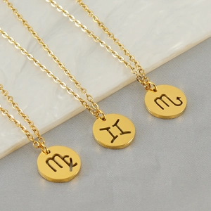 Zodiac Sign Pendant Necklace Stainless Steel 18K Gold Plated Constellation Hollow Round Disc Jewelry For Women Fashion