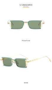 Detail view of retro rectangle sunglasses with green lenses and gold metal frames