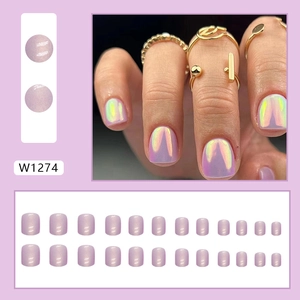 Short lavender aurora cat eye press-on nails with glitter finish and 24-piece full set