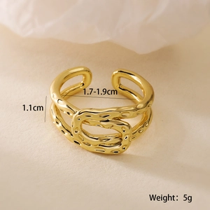 Detailed view of 18K gold plated geometric open ring with double-layered hammered texture