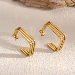 Minimalist Geometric Square Hollow Stud Earrings Stainless Steel 18K Gold Plated Multilayer Line Jewelry For Women