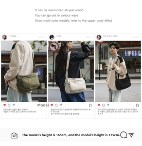 Three colors of durable nylon messenger bags shown on models for size comparison