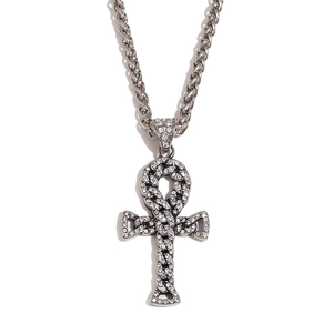 Hip hop silver iced out Ankh cross pendant with twisted rope chain necklace for men