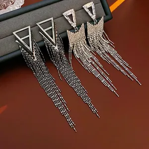 Elegant triangle tassel earrings with sparkling rhinestones and long chain drops