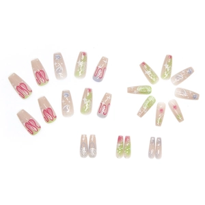 Medium-length ballerina press-on nails with pink waves and green-white starlight gradient