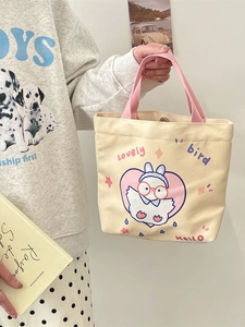 Cute cartoon bird print canvas tote bag with pink straps and large capacity for daily use