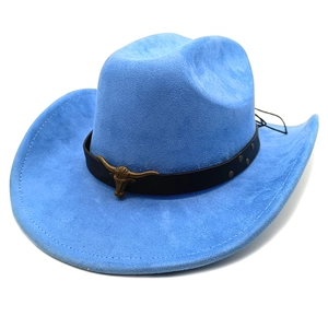 Detail of blue suede cowboy hat featuring black belt and bronze bull head ornament
