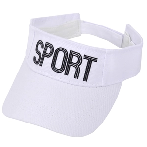 Detail of white sport sun visor featuring black letter embroidery and stitched brim texture
