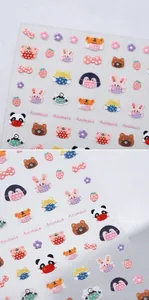 Close-up of cute cartoon animal nail stickers with pandas and tigers in 3D soft texture