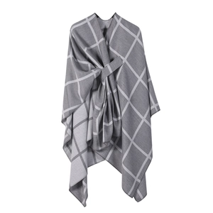 Women's grey plaid cashmere-like poncho wrap with white check patterns and front tie