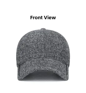 Front view of deep grey herringbone winter cap with metallic China logo detail