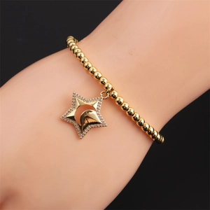 Bracelet Perles Cuivre Plaqué Or Femmes Pendentif Étoile Lune Zircon Bijoux Élastiques À La Mode
