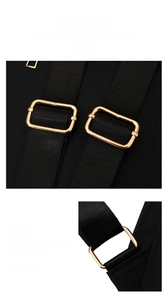 Adjustable black nylon shoulder strap with gold metal buckle and reinforced stitching