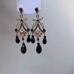 Silver needle zircon butterfly tassel earrings with black teardrop crystal charms