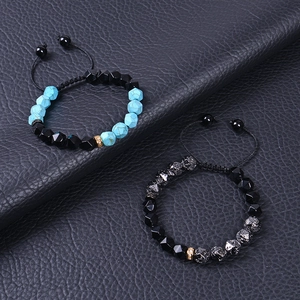 Handmade woven 10mm turquoise and obsidian beaded bracelet with adjustable cord and gold accents