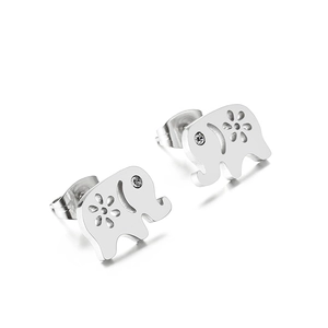 Minimalist silver elephant stud earrings with floral hollow design and white rhinestones