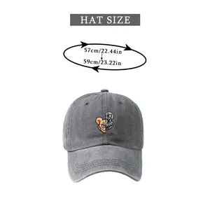 Size guide for vintage washed baseball cap showing head circumference 57-59cm and bear logo