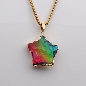 Multicolor faceted glass star pendant necklace with elegant golden bead chain for women